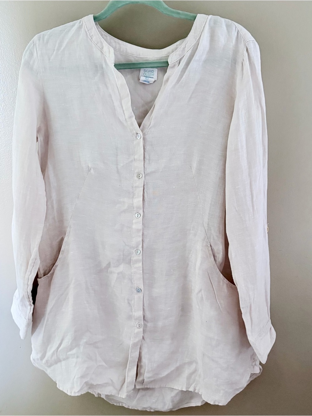 Sigrid Olsen 100% Linen Button Down Tunic Shirt Pockets Beige Cream Small